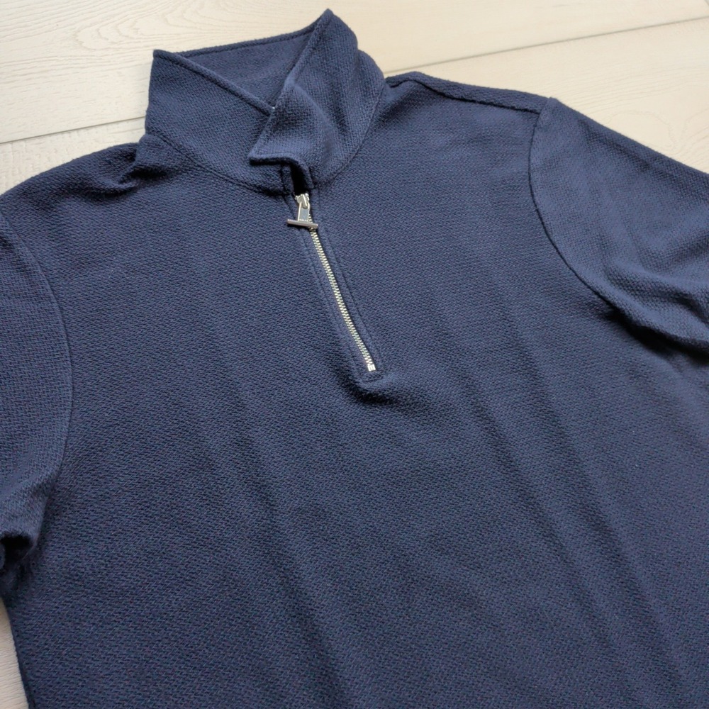 Reiss Textured Zip-Neck Polo Shirt Mens M Navy Blue Short Sleeve Luxury